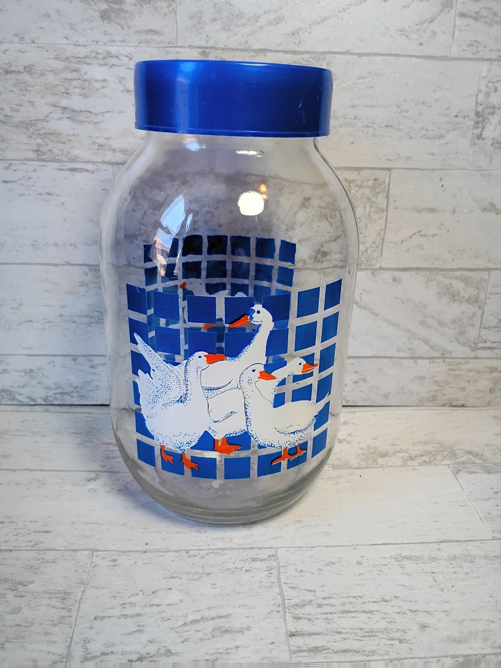 Vintage Country Geese Glass Jar with Blue Lid Carlton Glass Cottagecore- 3L